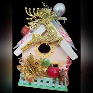 Festive Gold Reindeer Candy Ornament Red Holiday Birdhouse